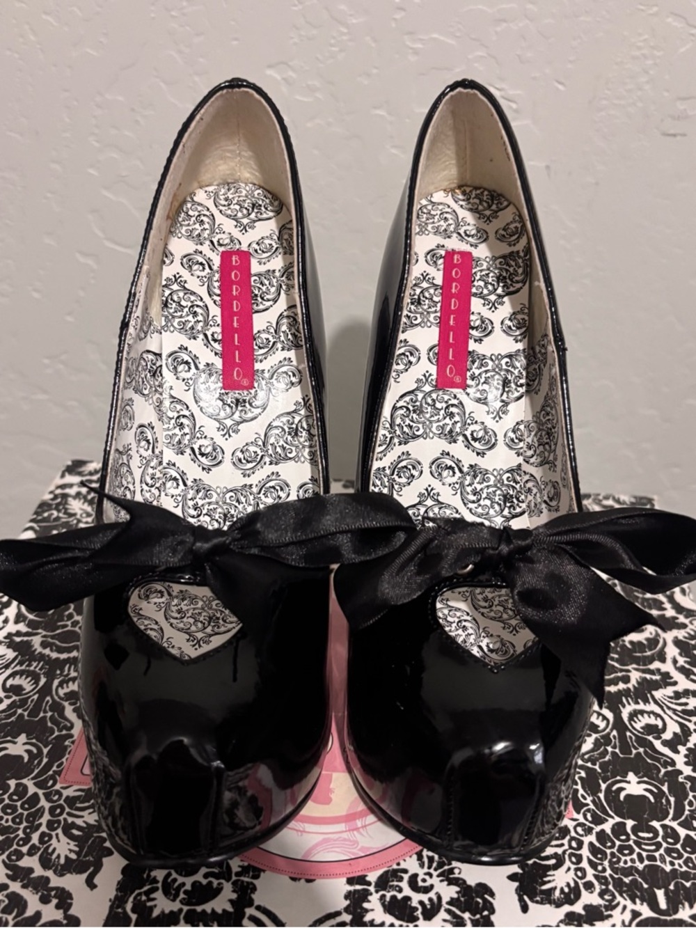 Bordello Black Patent Heart-Cut heels with Ribbon Tie